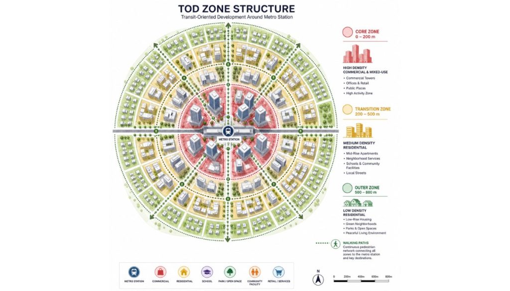 cấu trúc mô hình TOD - bán kính đi bộ 500-800m quanh ga metro với phân vùng mật độ