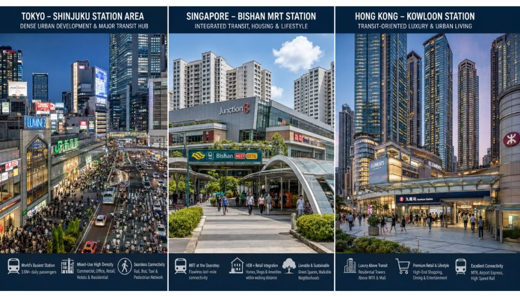 ví dụ mô hình TOD trên thế giới - Tokyo Shinjuku, Singapore MRT, Hong Kong Kowloon station