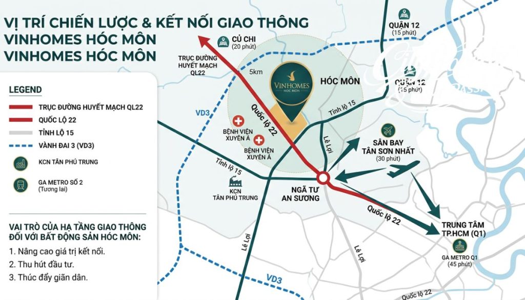 Bản đồ vị trí dự án Vinhomes Hóc Môn và khả năng kết nối giao thông đến trung tâm TP.HCM và các khu vực lân cận