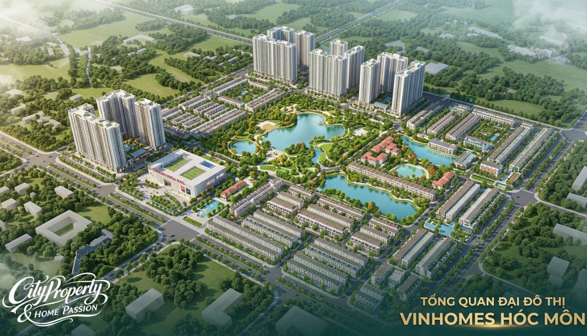 Phối cảnh tổng thể đại đô thị Vinhomes Hóc Môn từ trên cao, hiển thị quy mô rộng lớn và quy hoạch đồng bộ